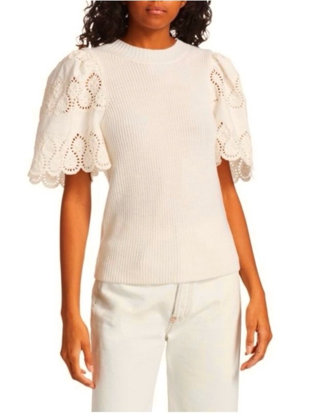Sea New York NY Nadene Eyelet Lace Cream Off White Wool Knit Shirt Sweater Top